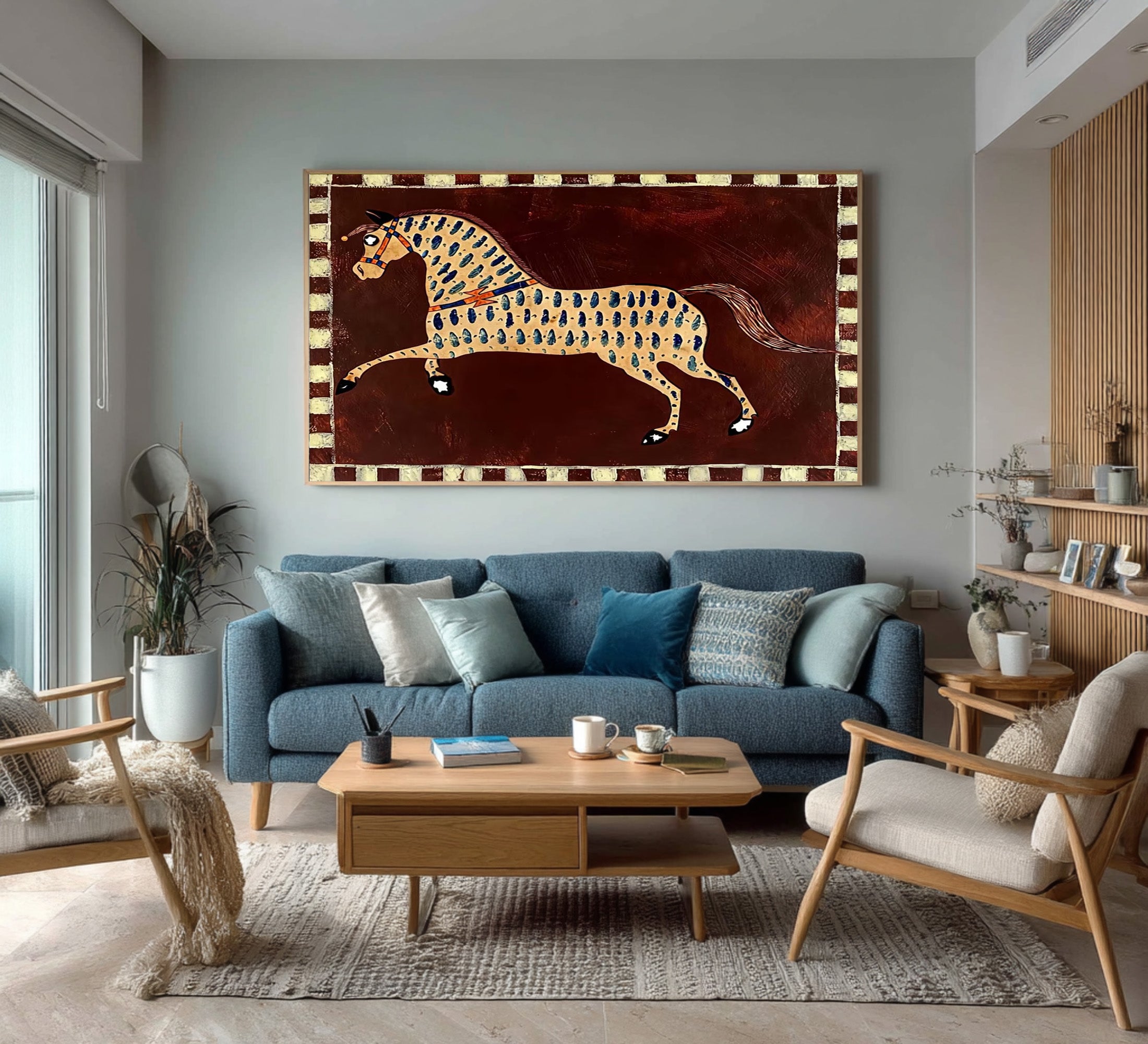 Large Folk Horse Wall Art Colorful Equestrian Canvas Painting | ArtvistaGallery
