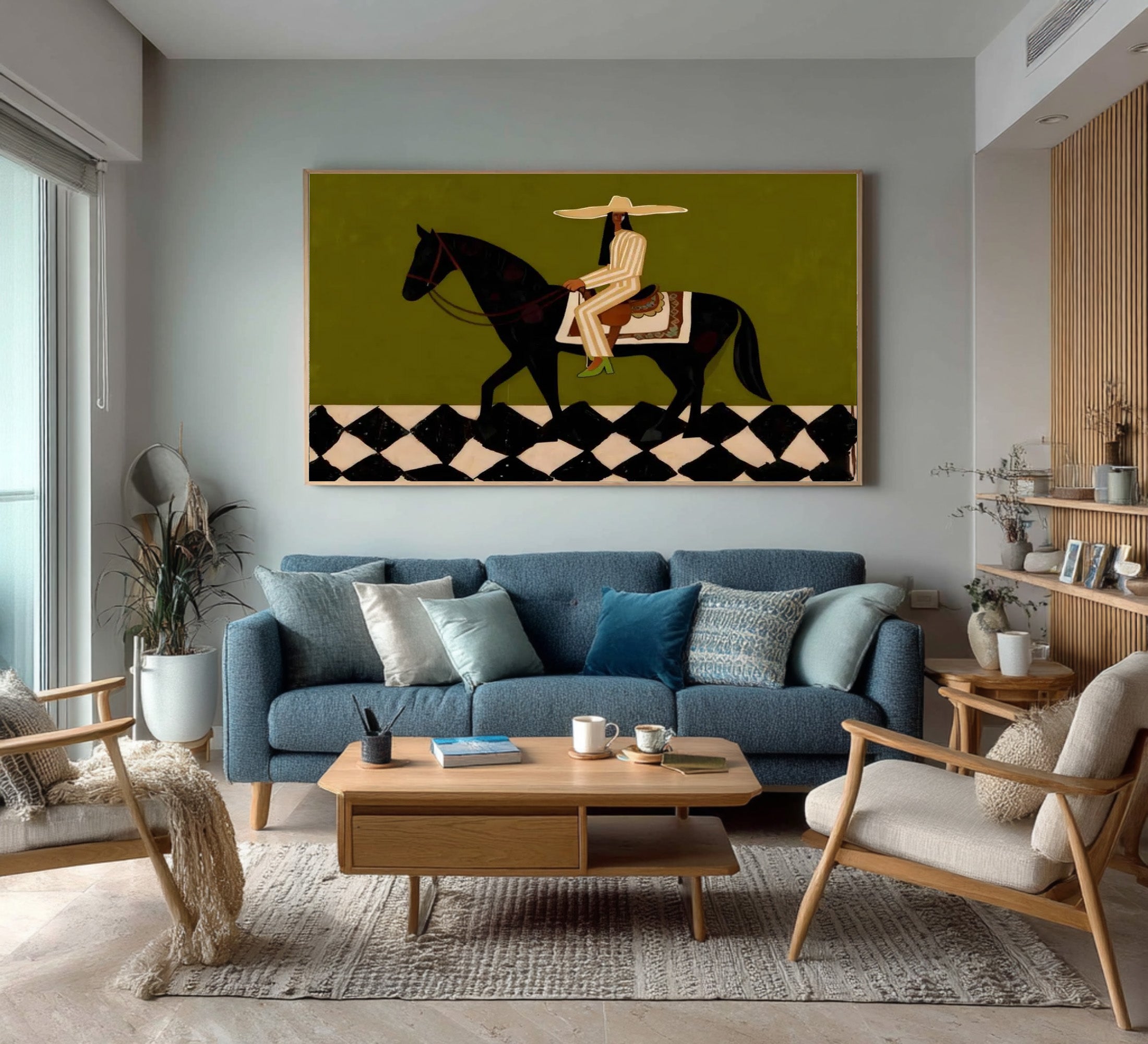 Large Western Rider Wall Art Green Abstract Horse Painting | ArtvistaGallery 