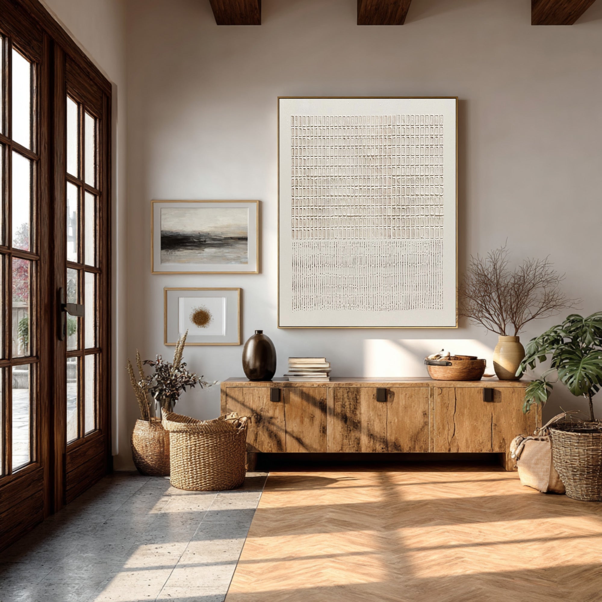 Large Abstract Oil Painting Beige Textured Grid Art, Minimal Modern Wall Art for Living Room | ArtvistaGallery #WAB 021