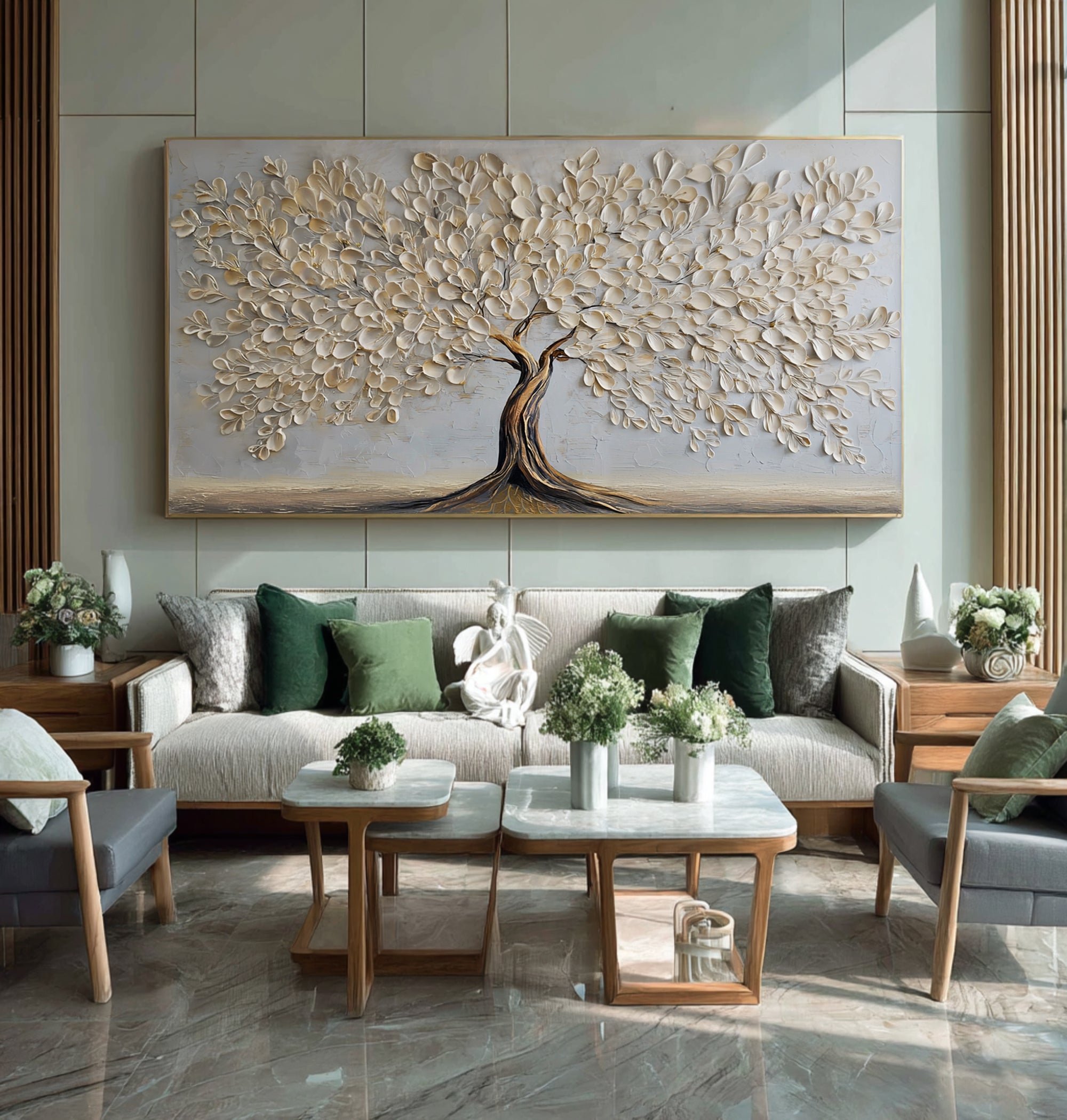 Luxurious Gold White Tree Painting: Textured Detail #WG 064