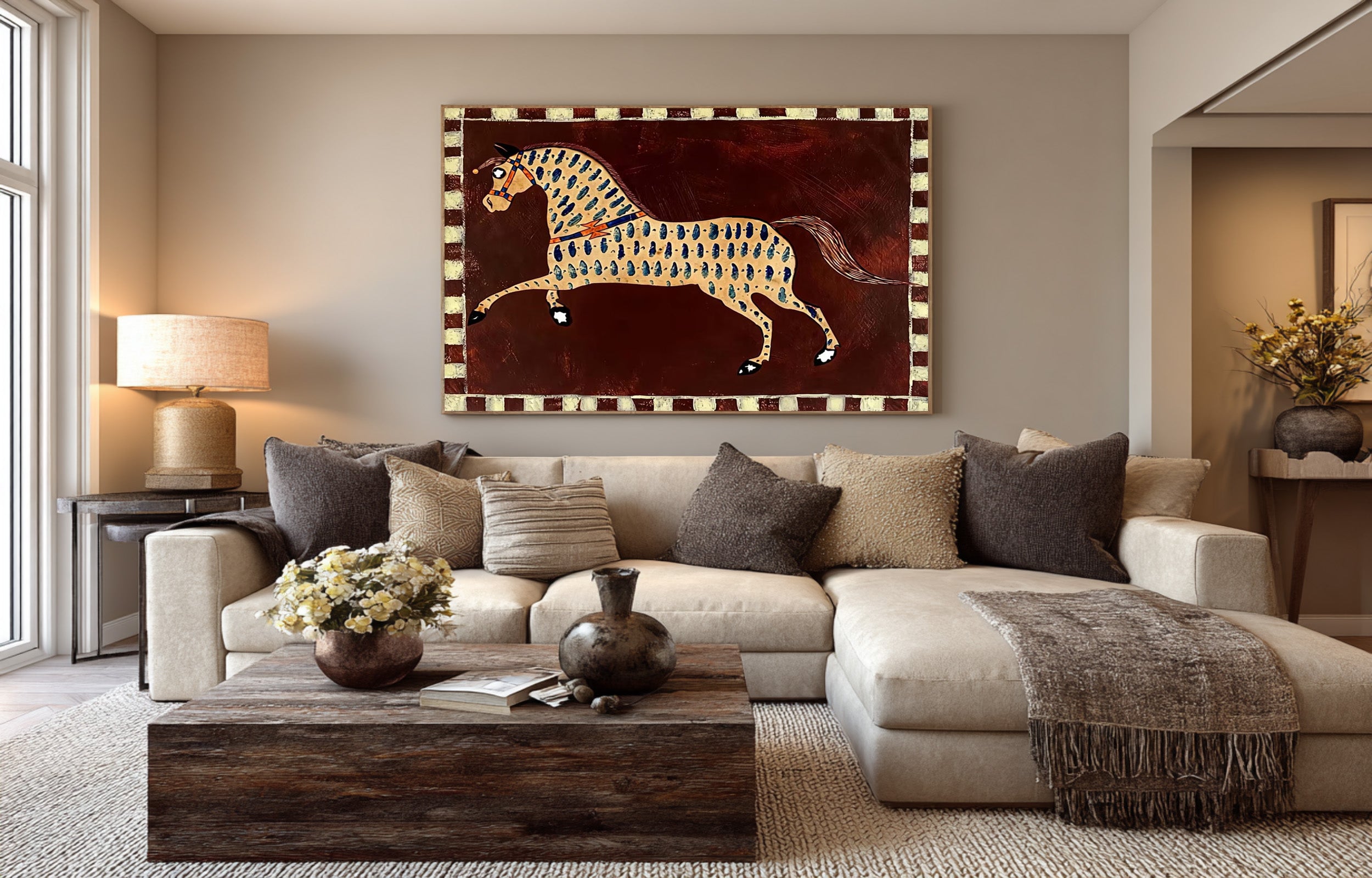 Large Folk Horse Wall Art Colorful Equestrian Canvas Painting | ArtvistaGallery