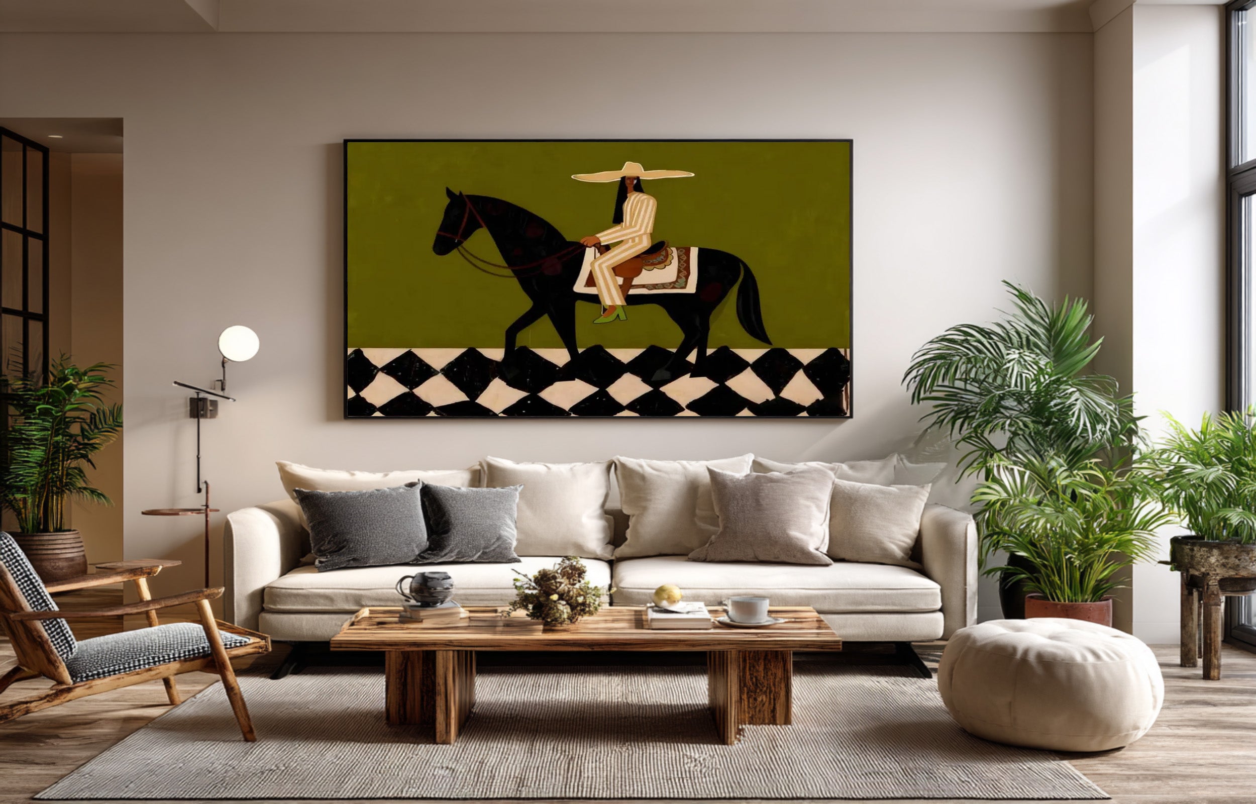 Large Western Rider Wall Art Green Abstract Horse Painting | ArtvistaGallery 