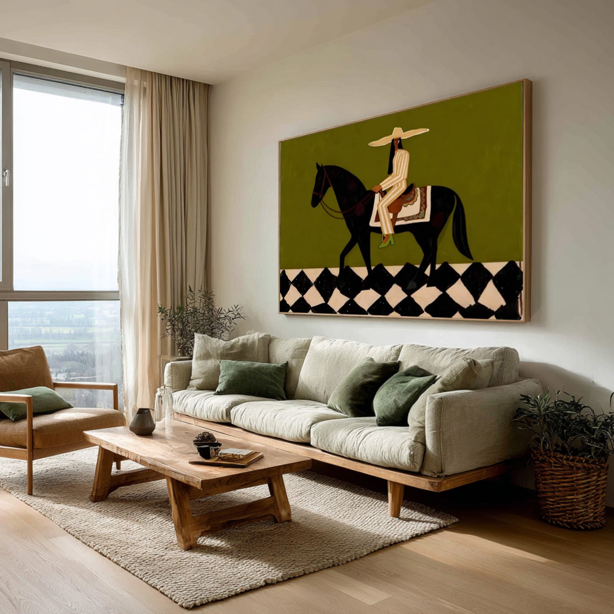 Large Western Rider Wall Art Green Abstract Horse Painting | ArtvistaGallery 