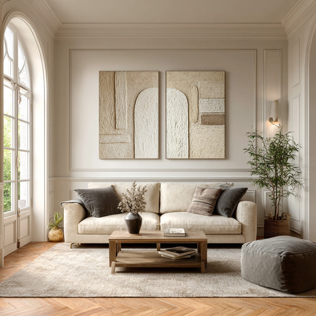 Contemporary Impasto Wall Art Diptych Neutral Tones Living #WG 040