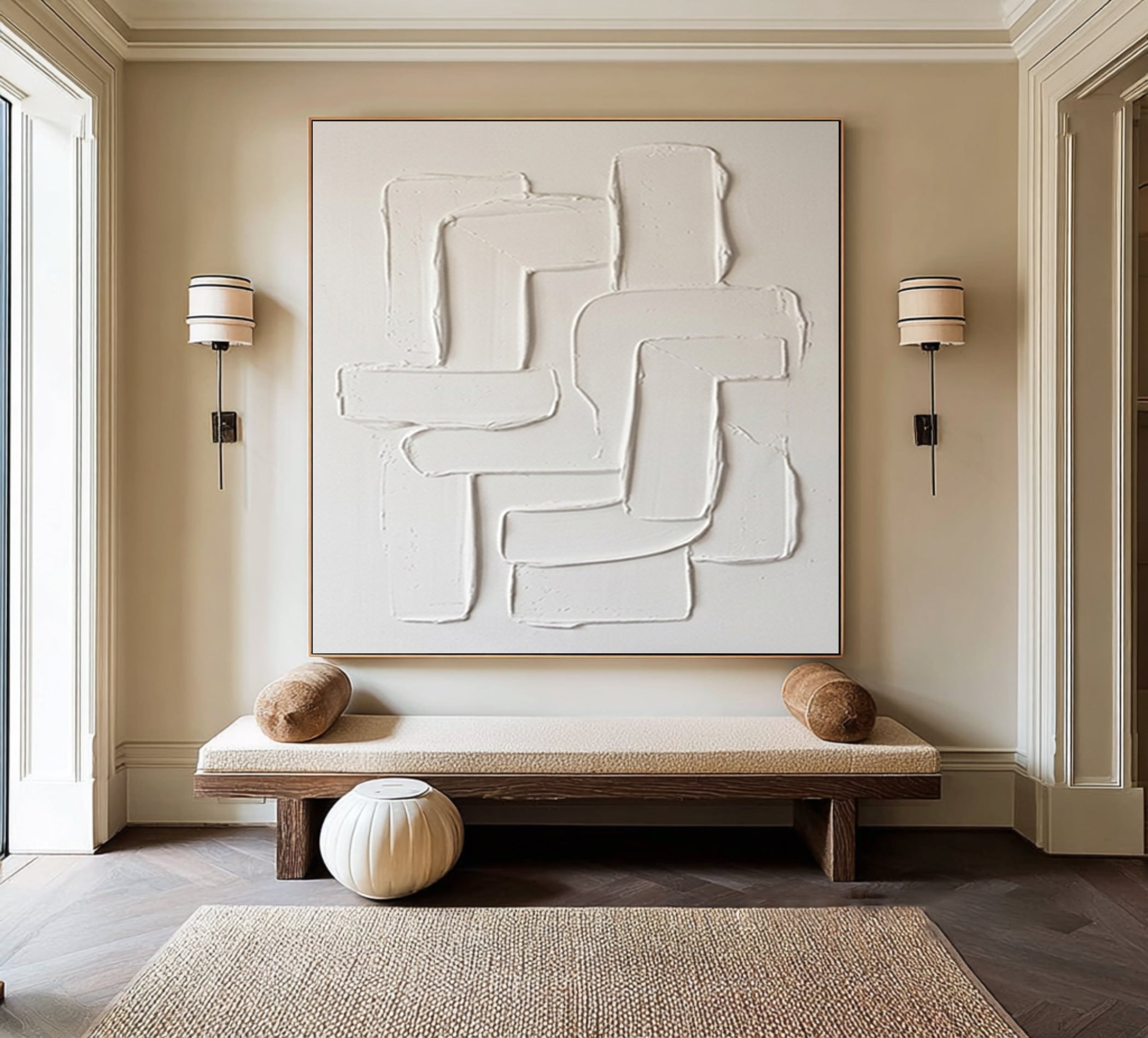 Large White Textured Wall Art Hand Painted Modern Abstract Canvas