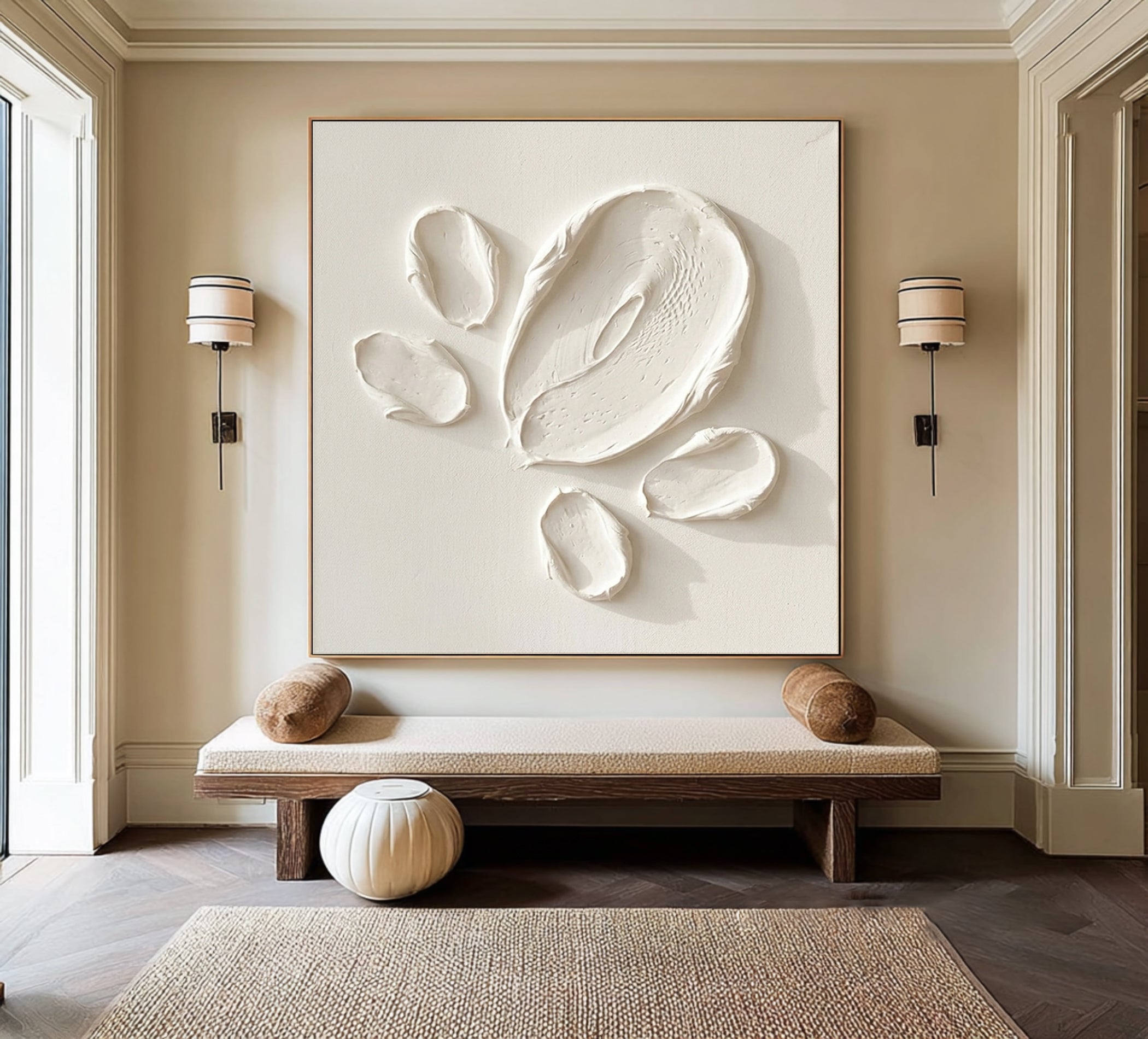 Large Minimalist White Oil Painting with Abstract Textured Petal Wall Art 