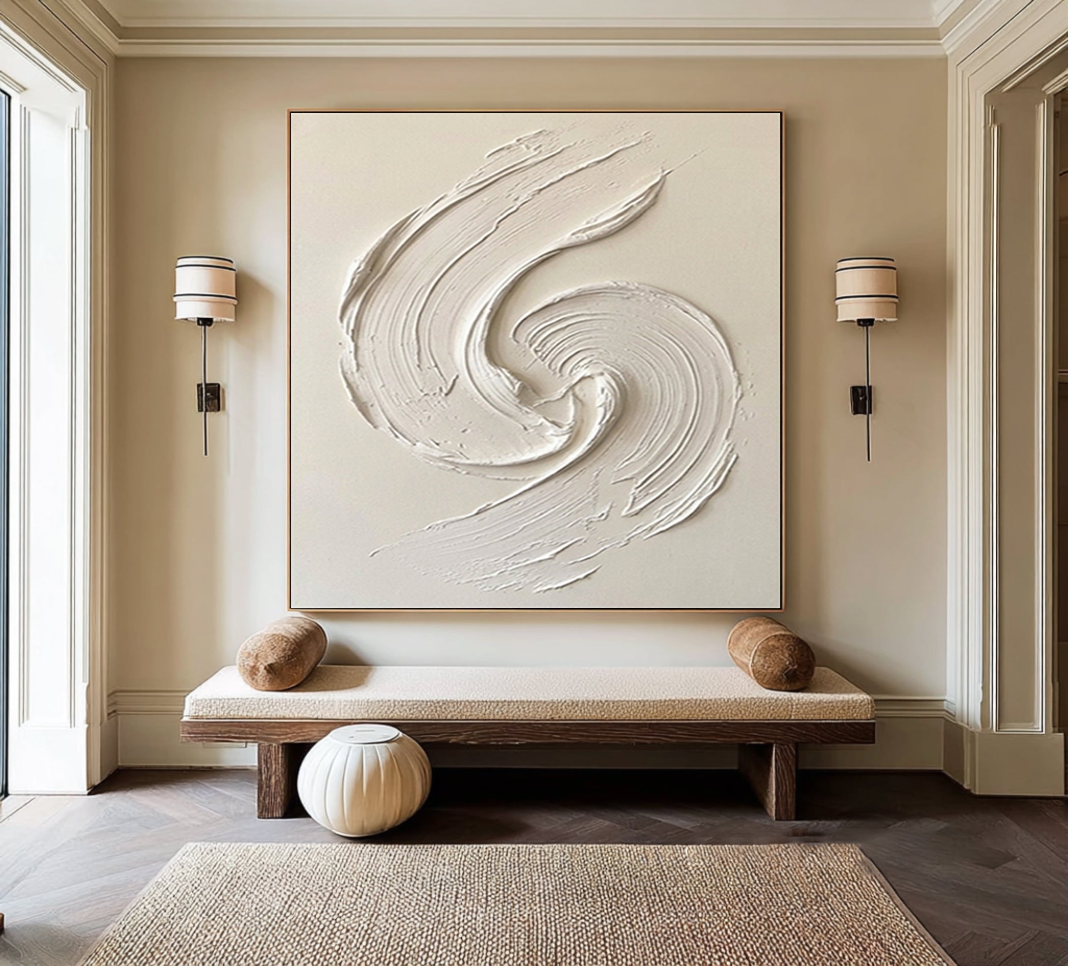 Large White Textured Spiral Wall Art Hand Painted Modern Canvas
