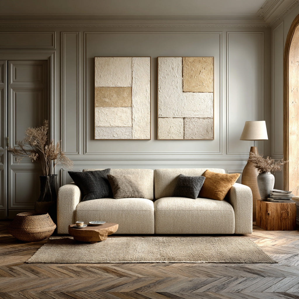 Beige & Brown Abstract Diptych - Textured Modern Wall Art #WG 077