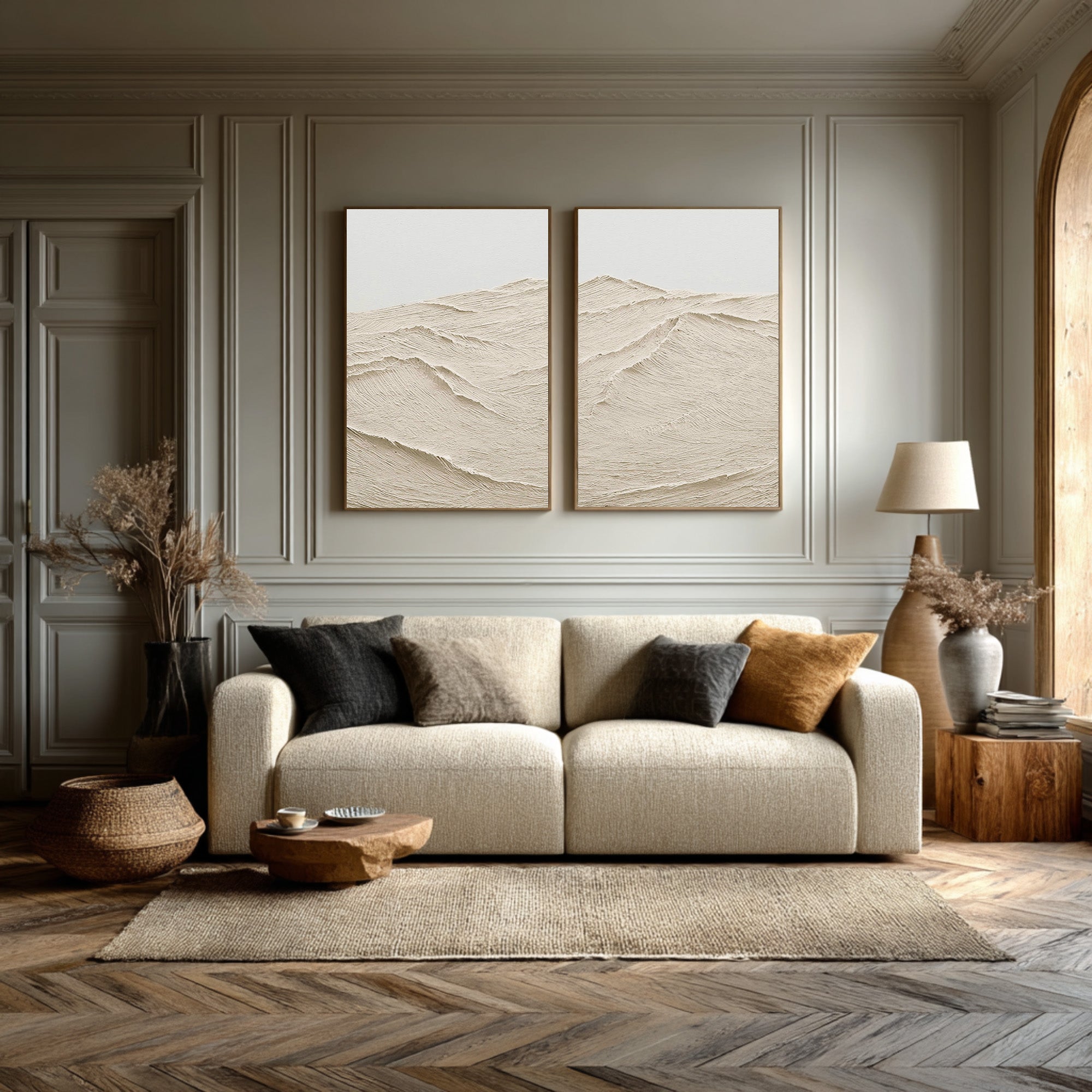 Dual Textured Abstract Art Minimalist Beige Set #WG 072