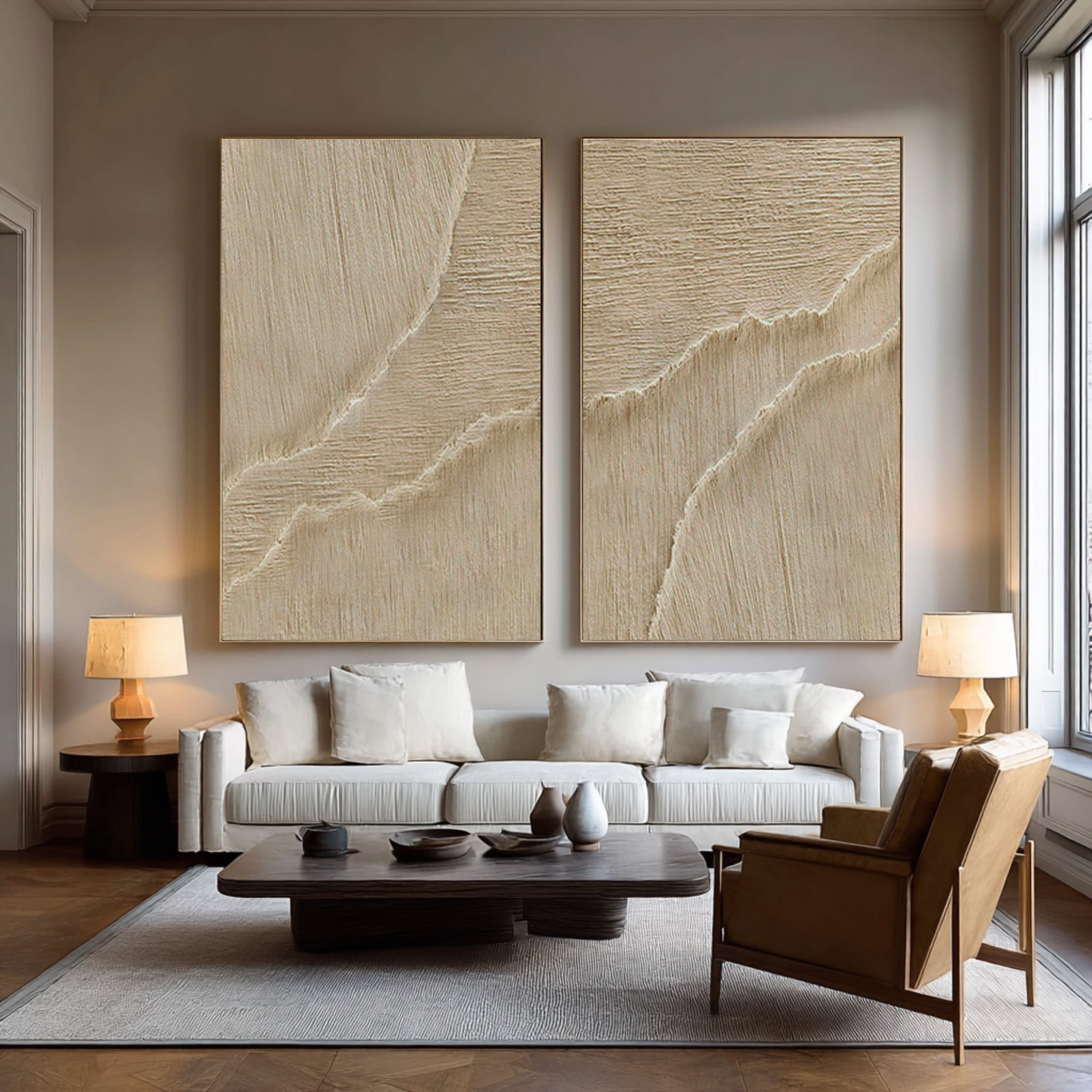 Duo Textured Abstract Art Minimalist Beige Set of Two #WG 071