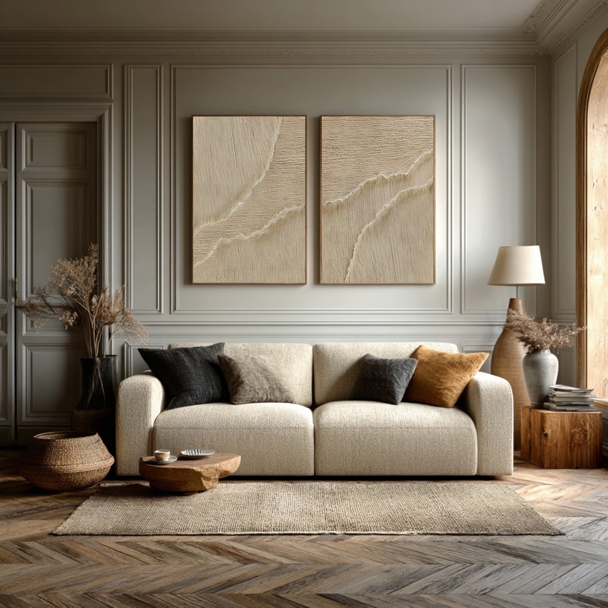 Duo Textured Abstract Art Minimalist Beige Set of Two #WG 071