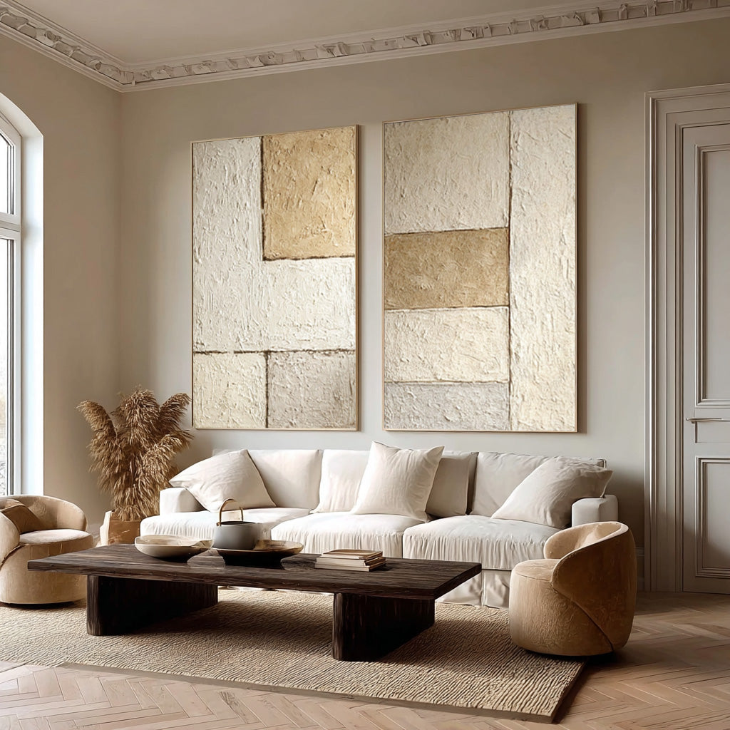 Beige & Brown Abstract Diptych - Textured Modern Wall Art #WG 077