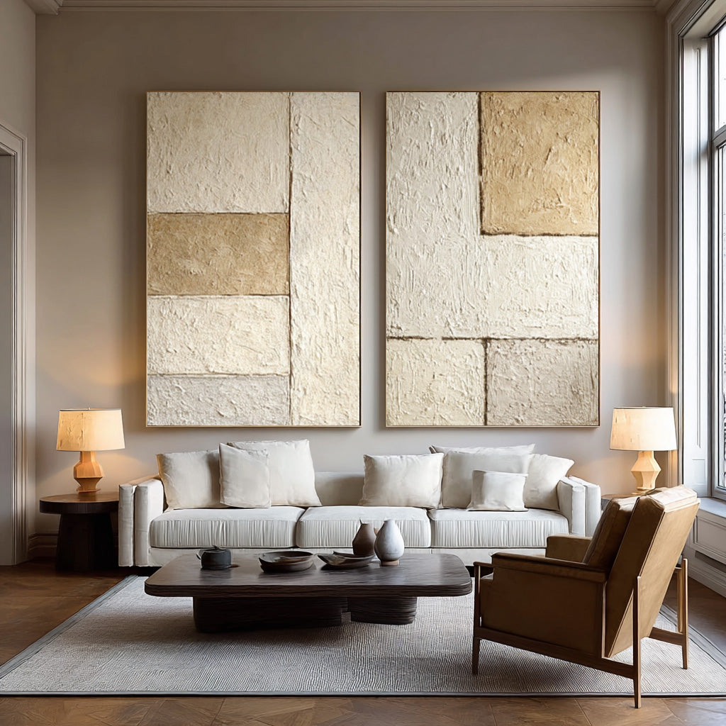 Beige & Brown Abstract Diptych - Textured Modern Wall Art #WG 077