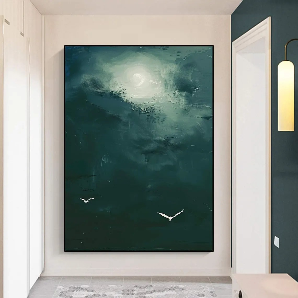 Green Sky Abstract, Minimalist Bird Art, Modern Decor #BGA 094