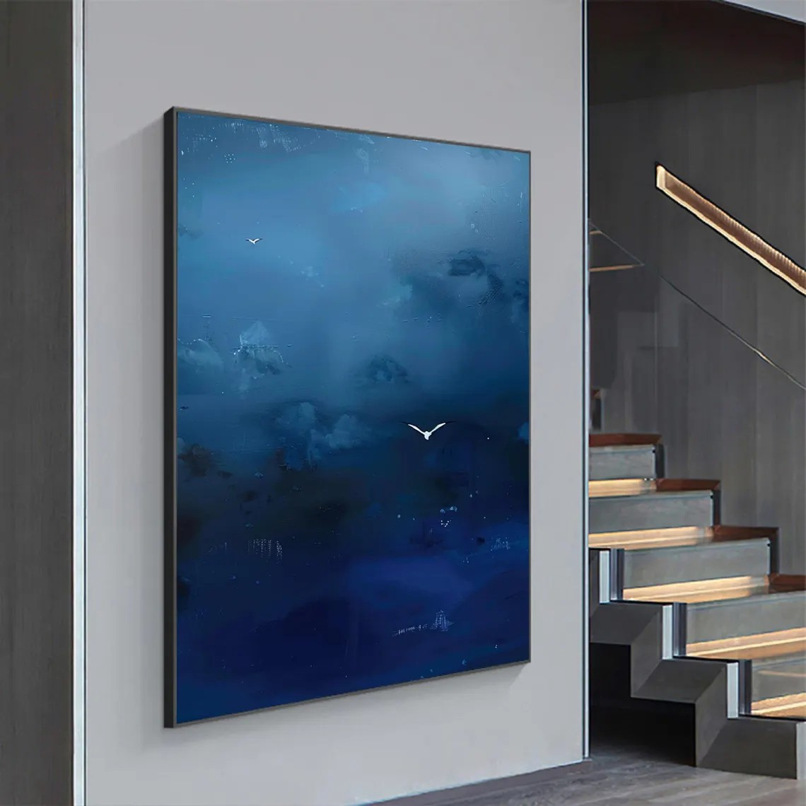 Dark Blue Sky Painting, Birds in Flight, Surrealist Canvas #BGA 093