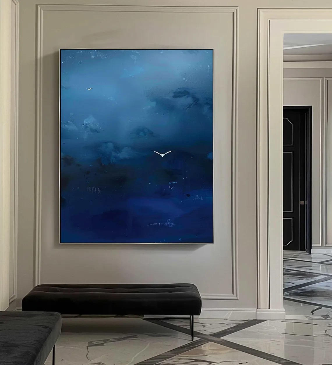 Dark Blue Sky Painting, Birds in Flight, Surrealist Canvas #BGA 093
